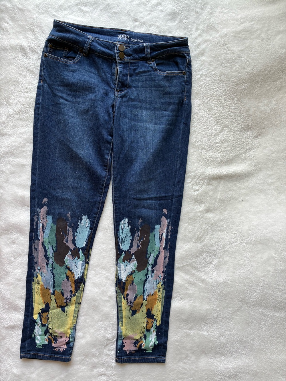 New York & Company Painted Hem Skinny Jeans - Blue with Multicolor Accents